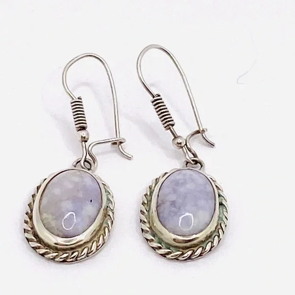 Sterling Vintage Earrings Purple Lace Agate Dangles Drops